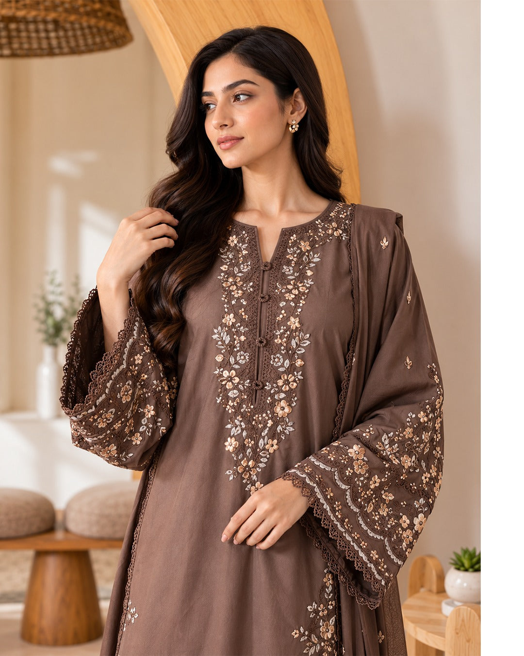 Mocha Brown Embroidered Co-ord Set
