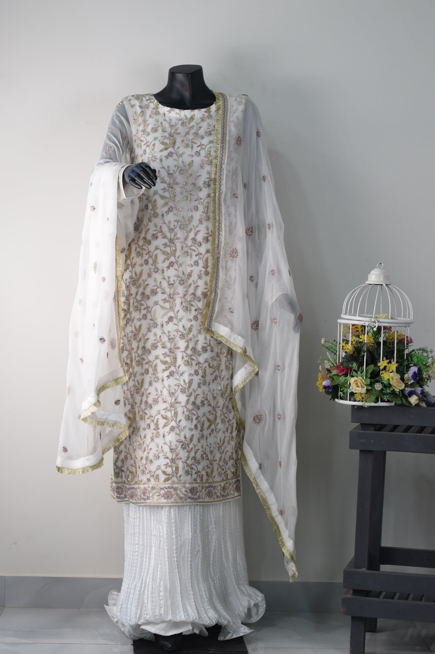 NUR Chiffon Embroidered Shirt with Crushed Silk Skirt