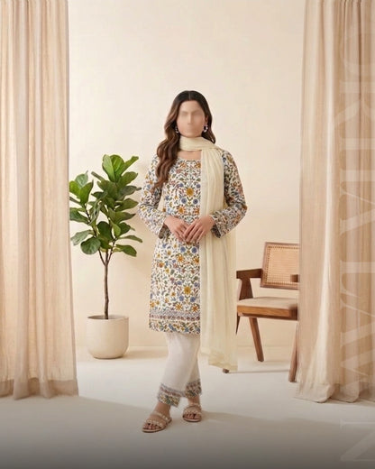 Portia Lawn | Ivory Meadow Floral 3-Piece Unstitched Lawn with Applique Dupatta