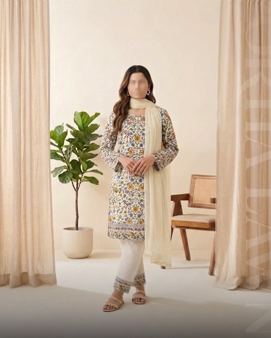 Portia Lawn | Ivory Meadow Floral 3-Piece Unstitched Lawn with Applique Dupatta