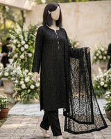 Portia | Pitch Black 3-Piece Unstitched Luxury Chikankari Silk Suit