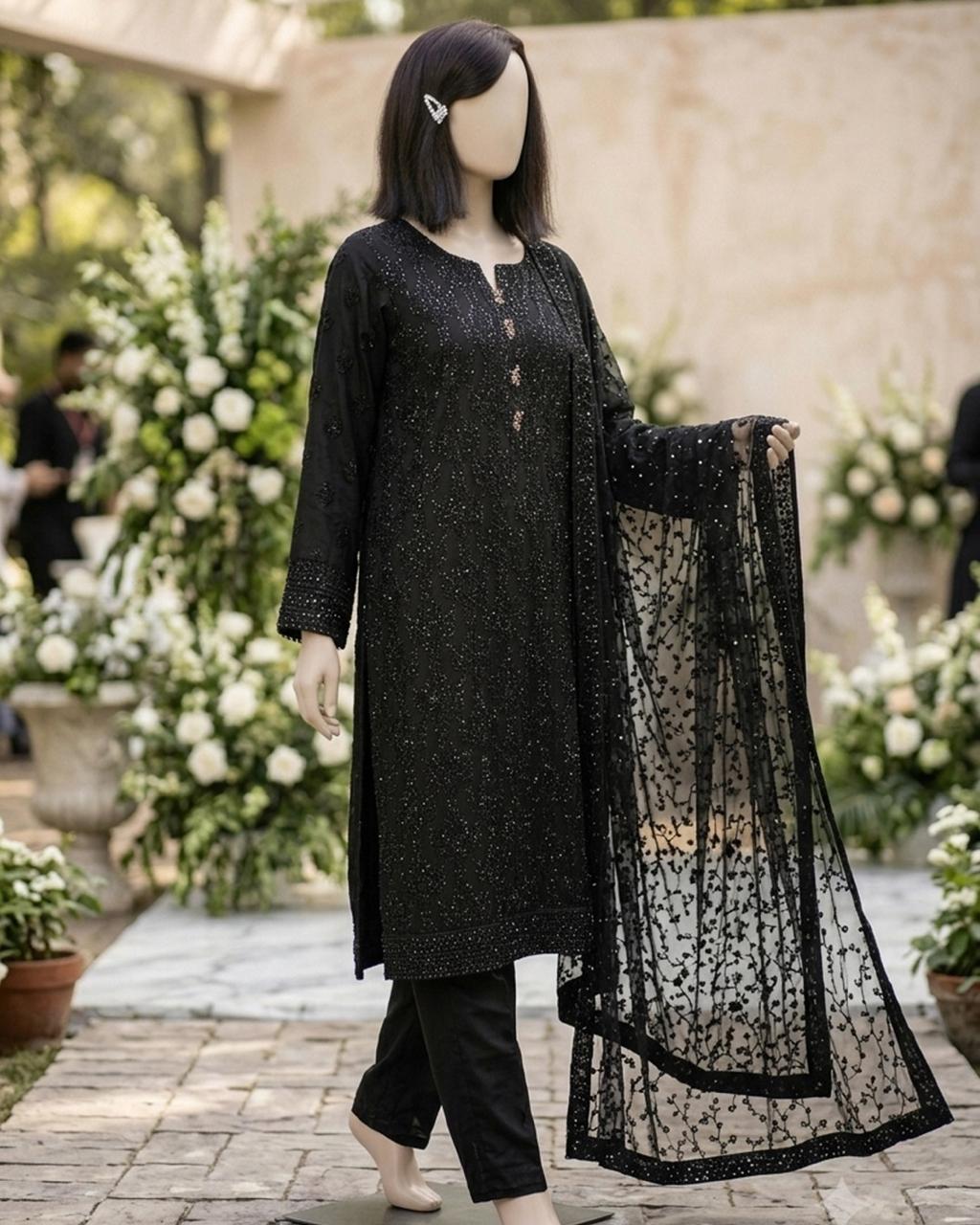 Portia | Pitch Black 3-Piece Unstitched Luxury Chikankari Silk Suit