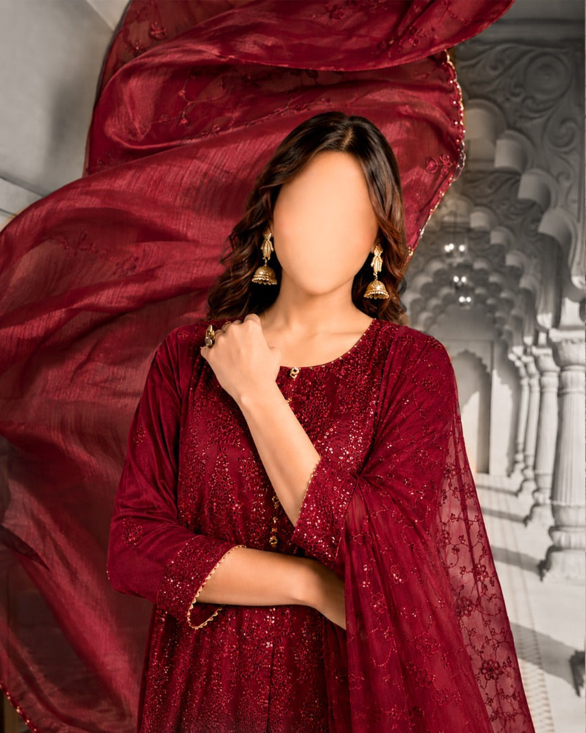 Portia | Crimson Garnet 3-Piece Unstitched Charmeuse Chikankari Silk Suit