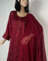 Portia | Crimson Garnet 3-Piece Unstitched Charmeuse Chikankari Silk Suit