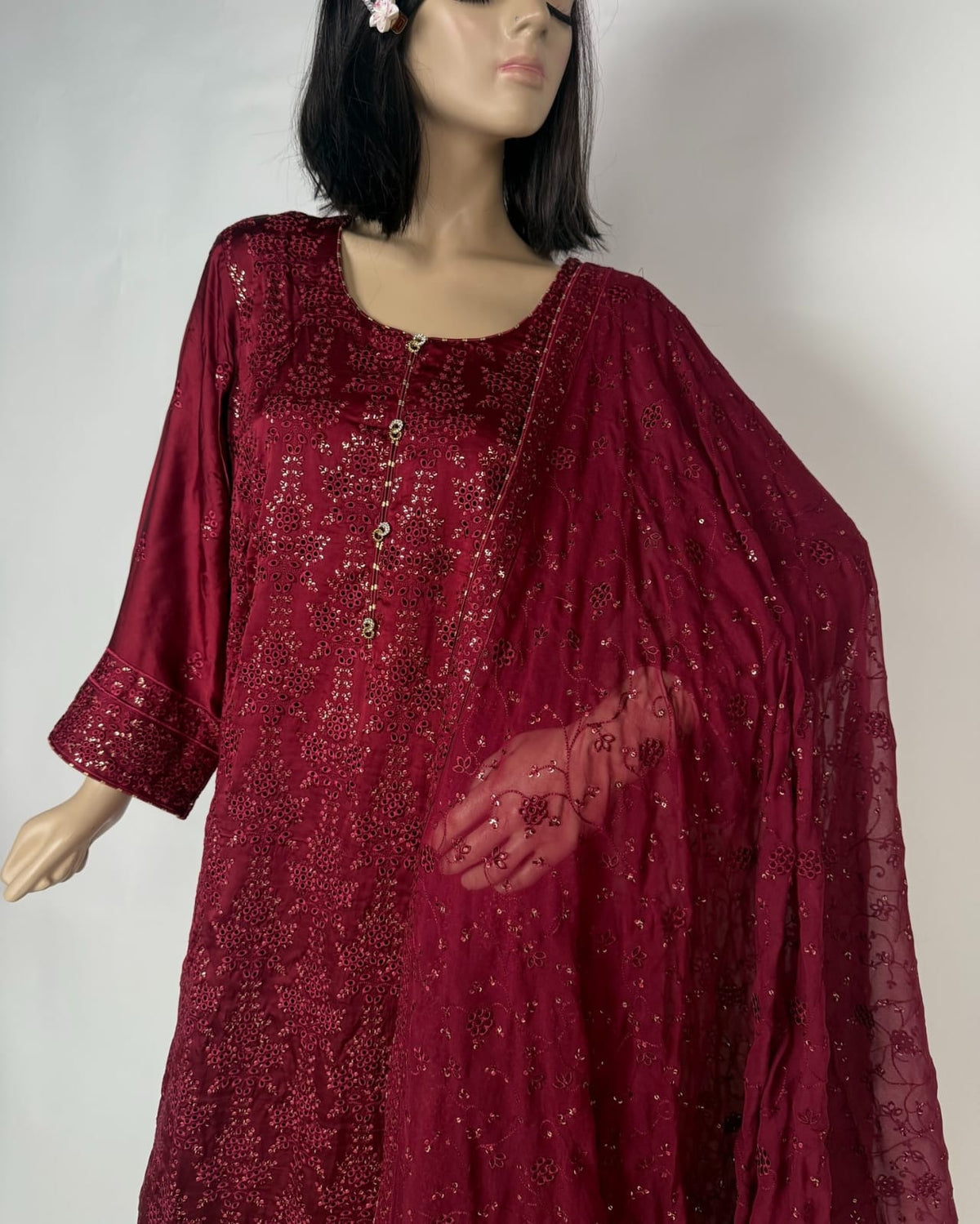 Portia | Crimson Garnet 3-Piece Unstitched Charmeuse Chikankari Silk Suit