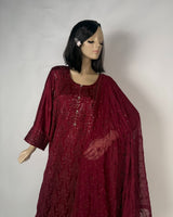 Portia | Crimson Garnet 3-Piece Unstitched Charmeuse Chikankari Silk Suit