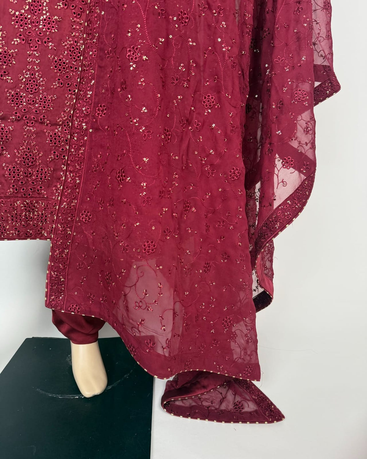Portia | Crimson Garnet 3-Piece Unstitched Charmeuse Chikankari Silk Suit