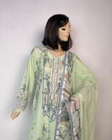 Portia | Pistachio Heritage 3-Piece Unstitched Qalamkar Designer Lawn