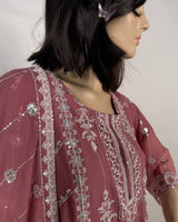 Portia | Dark Rose 3-Piece Unstitched Embroidered Chiffon Festive Suit