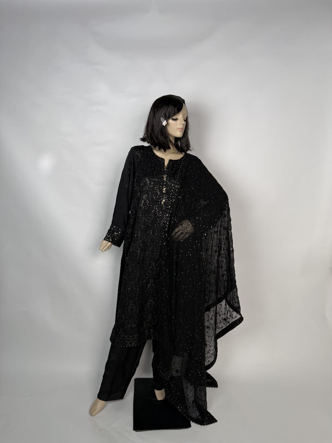 Portia | Pitch Black 3-Piece Unstitched Luxury Chikankari Silk Suit