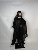 Portia | Pitch Black 3-Piece Unstitched Luxury Chikankari Silk Suit