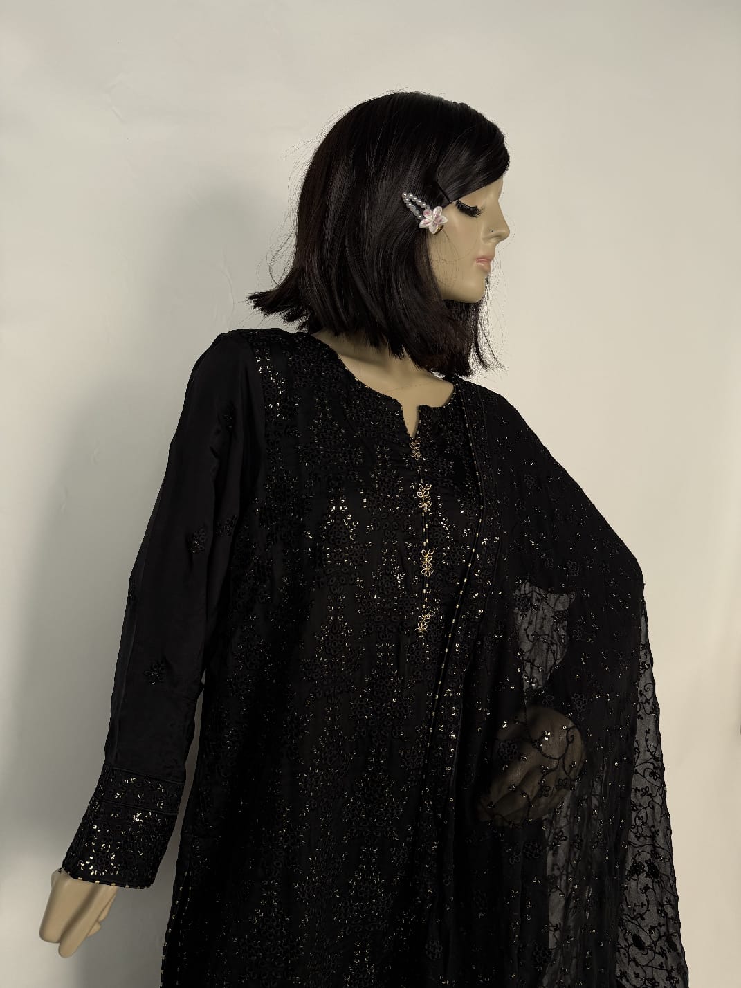 Portia | Pitch Black 3-Piece Unstitched Luxury Chikankari Silk Suit