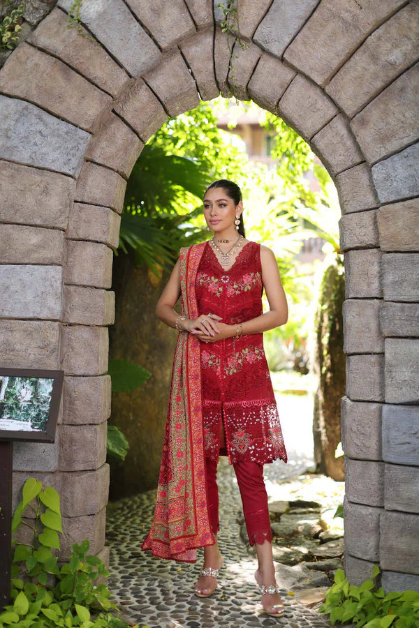 D12-A Red Chevron | Noor Luxury Chikankari Lawn'24 | Noor by Saadia Asad